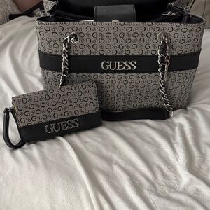 GUESS Gray Monogram Tote with Matching Wallet and Chain Handles